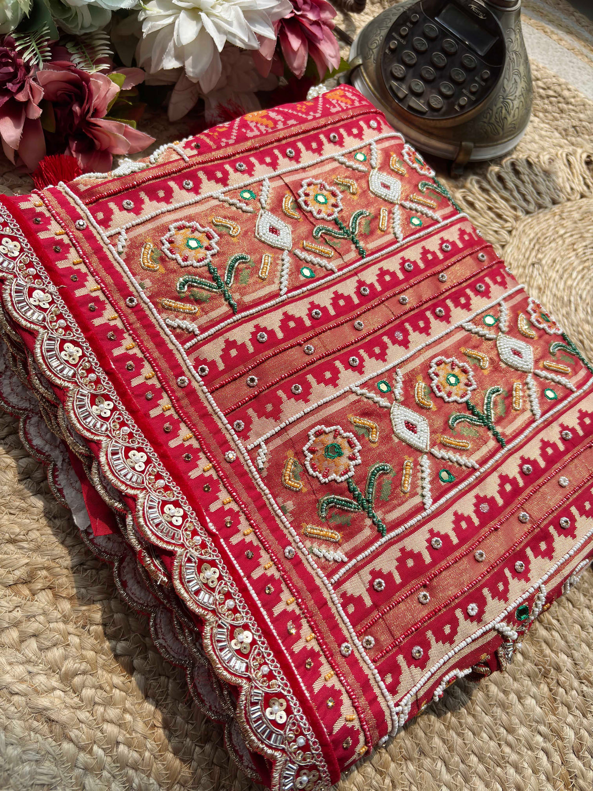 Red Patola Saree with Floral Beadwork & Embellished Border