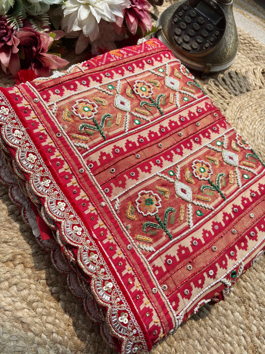Red Patola Saree with Floral Beadwork & Embellished Border
