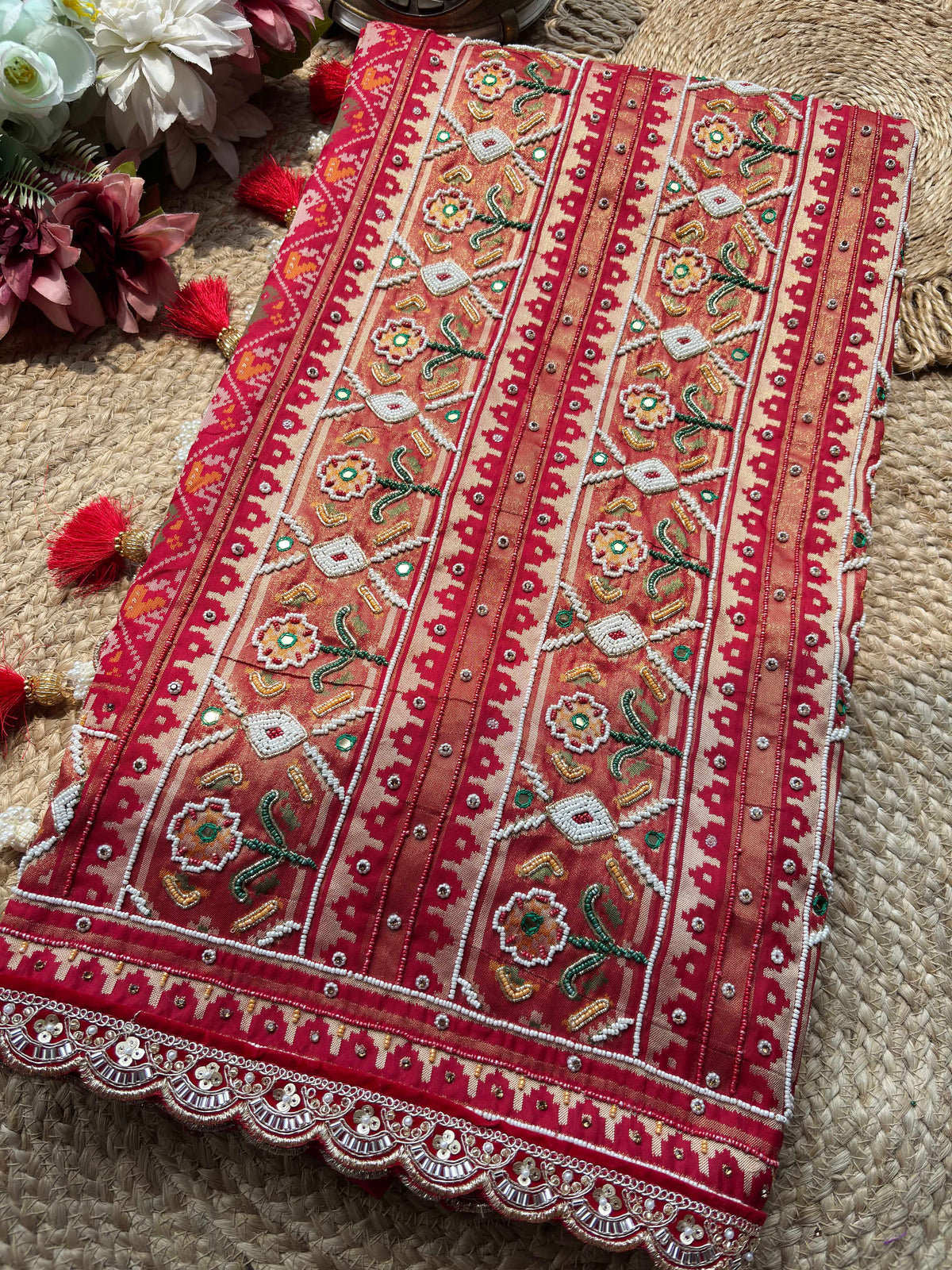 Red Patola Saree with Floral Beadwork & Embellished Border