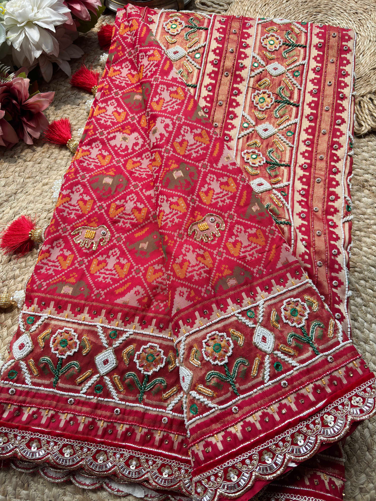 Red Patola Saree with Floral Beadwork & Embellished Border