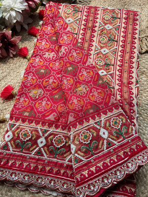 Red Patola Saree with Floral Beadwork & Embellished Border
