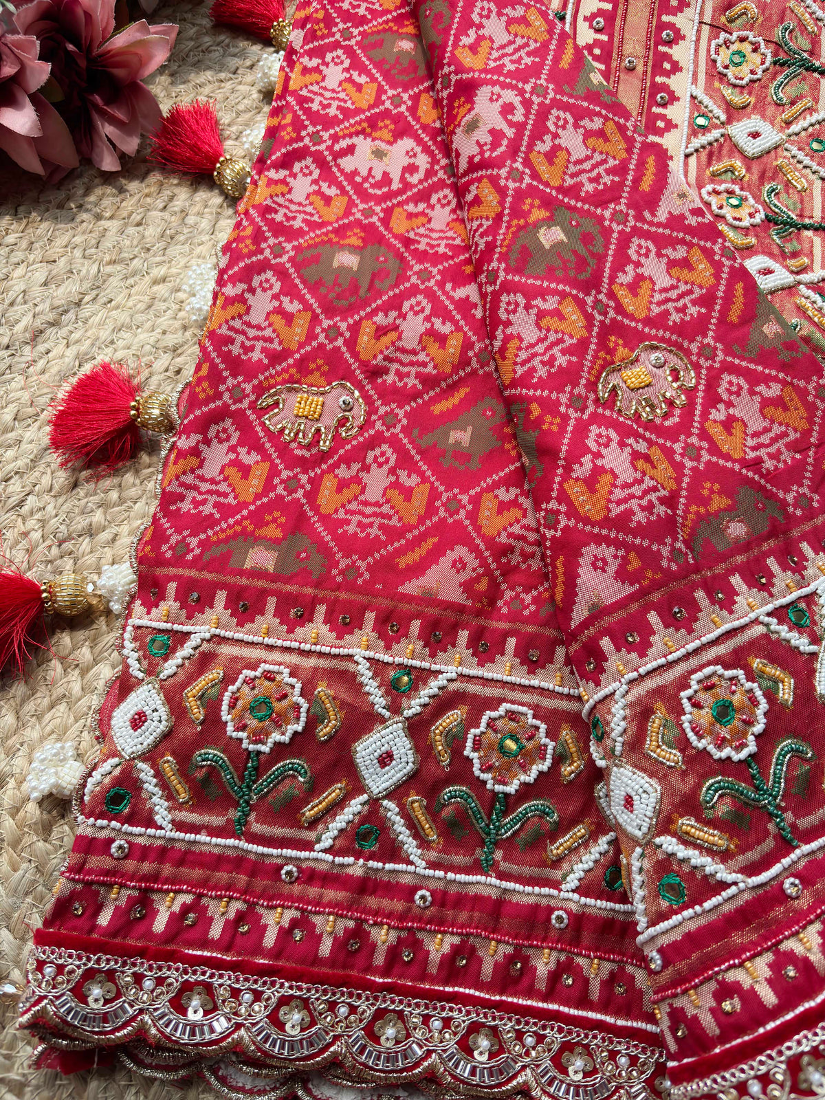 Red Patola Saree with Floral Beadwork & Embellished Border
