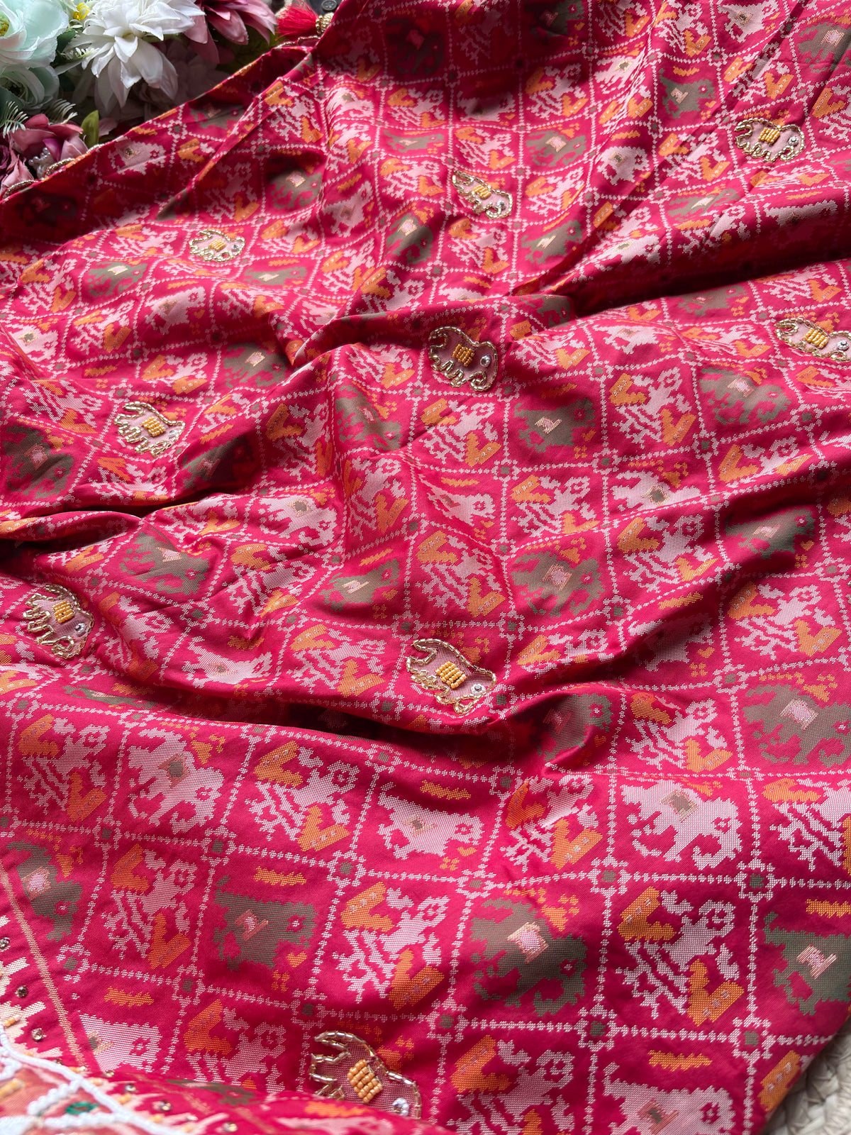 Red Patola Saree with Floral Beadwork & Embellished Border