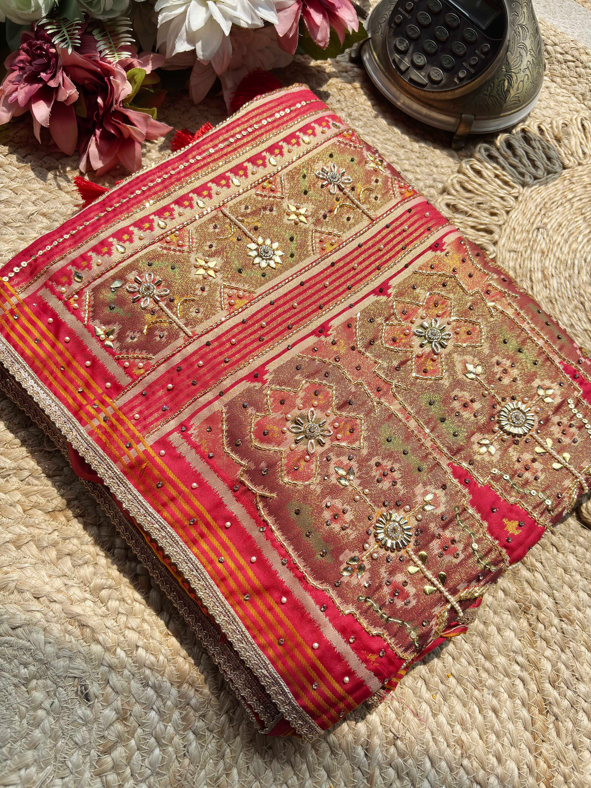Rani Pink Patola Saree with Elephant Motifs & Embellished Border