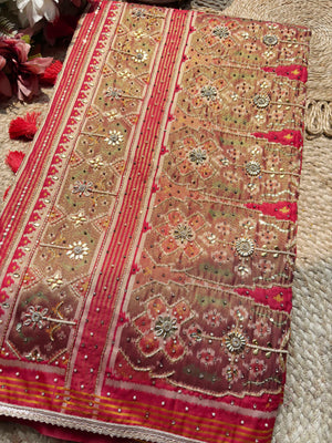 Rani Pink Patola Saree with Elephant Motifs & Embellished Border