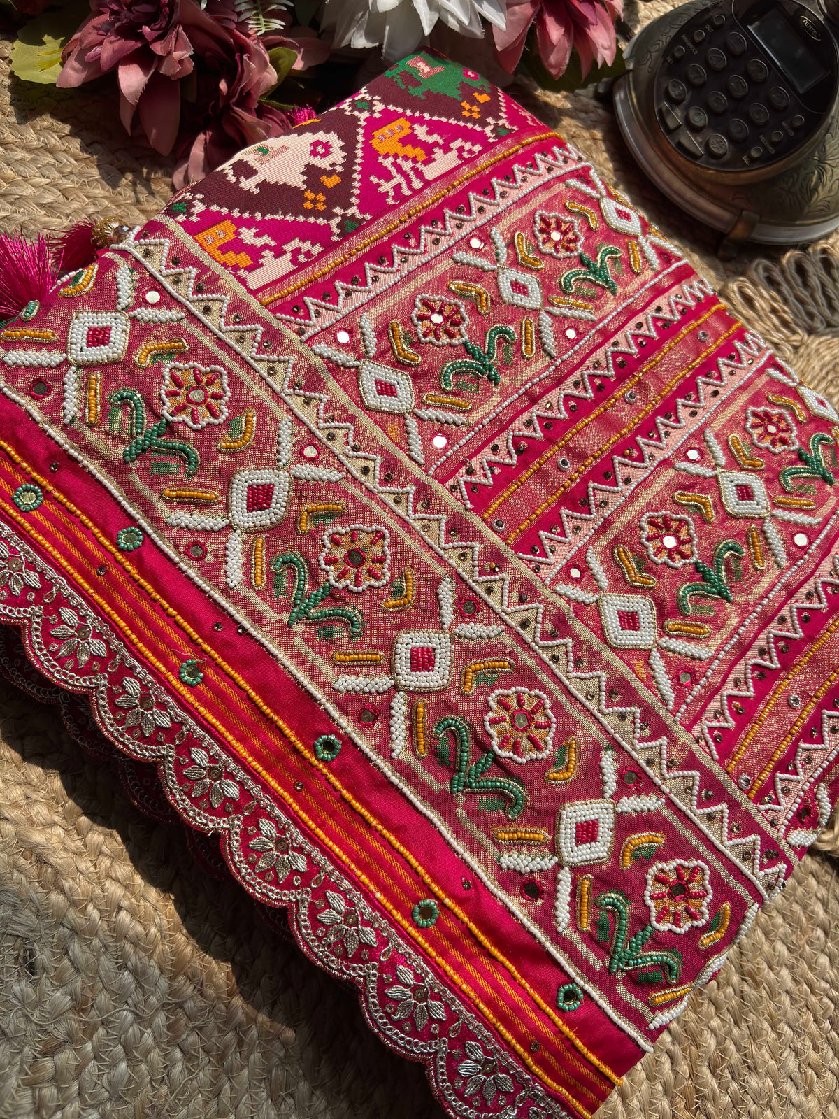 Rani Pink Patola Saree with Elephant Motifs & Beaded Border