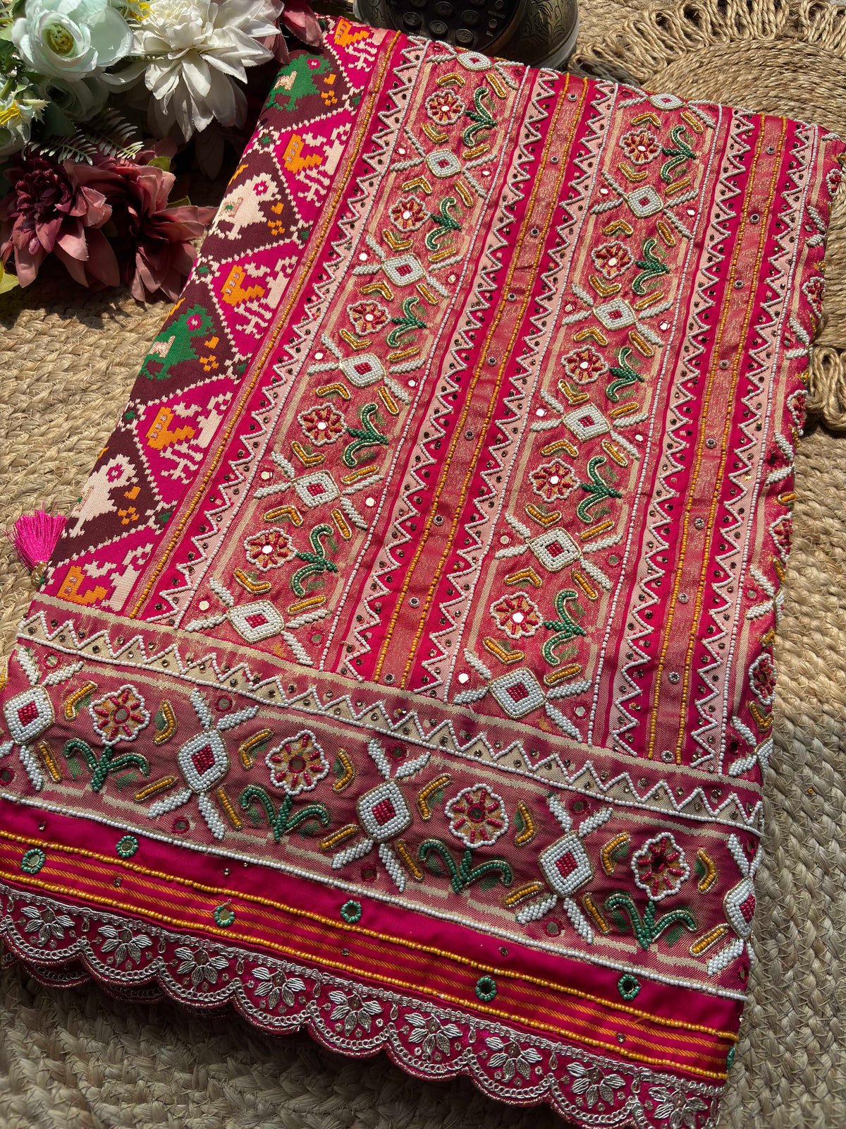 Rani Pink Patola Saree with Elephant Motifs & Beaded Border