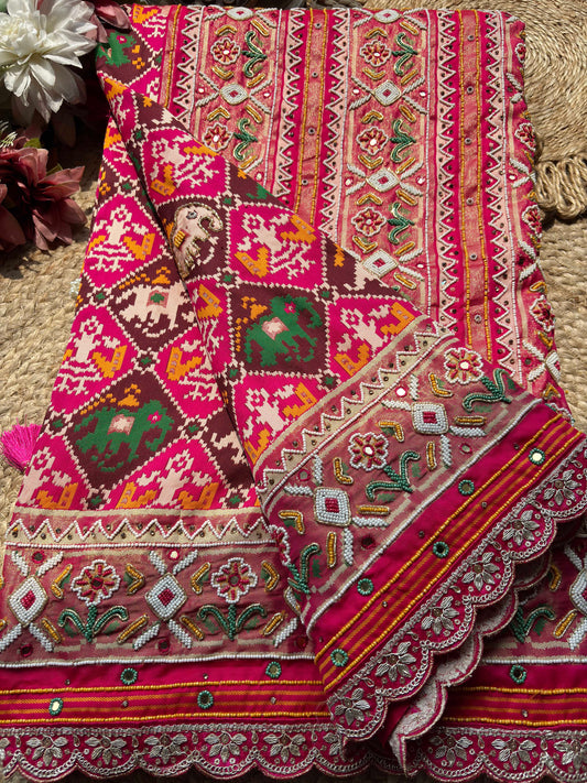 Rani Pink Patola Saree with Elephant Motifs & Beaded Border