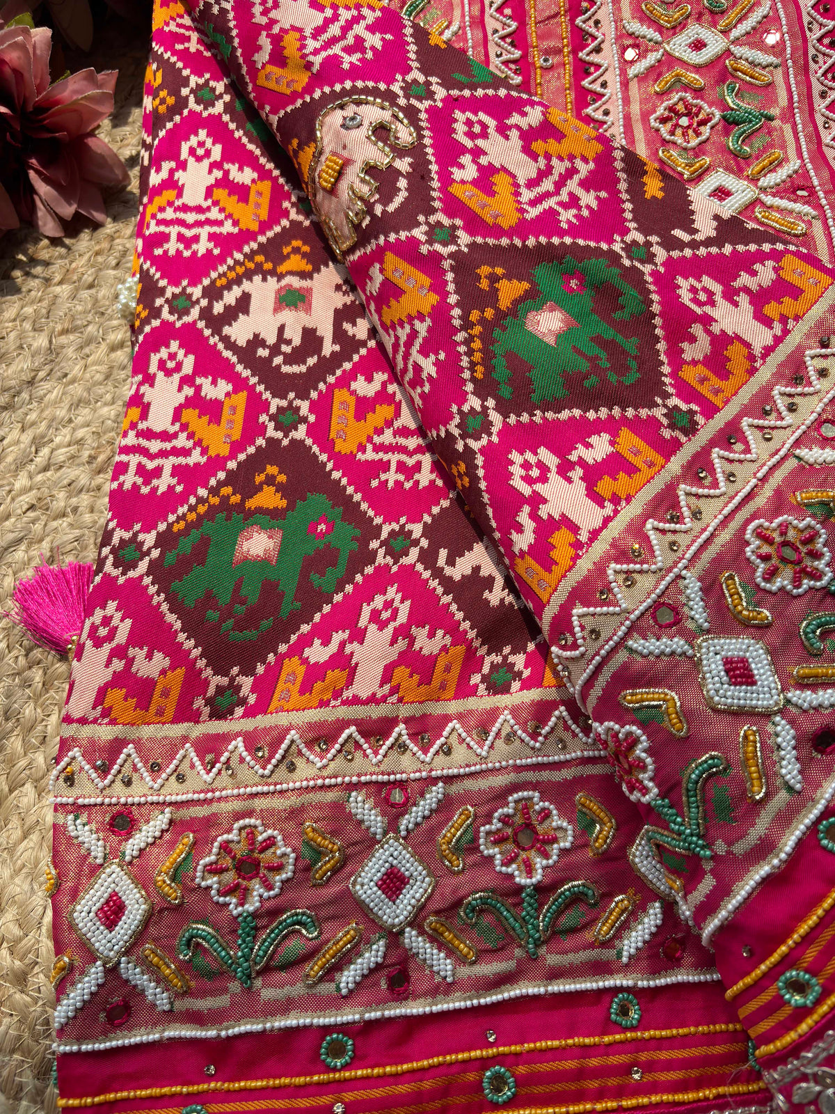 Rani Pink Patola Saree with Elephant Motifs & Beaded Border