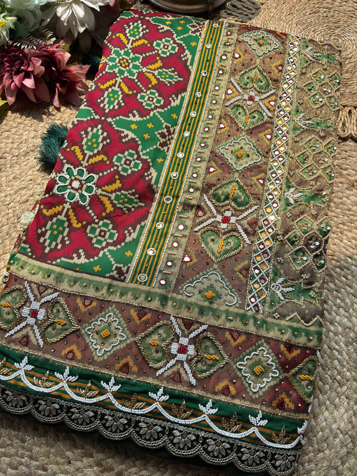 Green Maroon Patola Saree with Embellished Designer Border