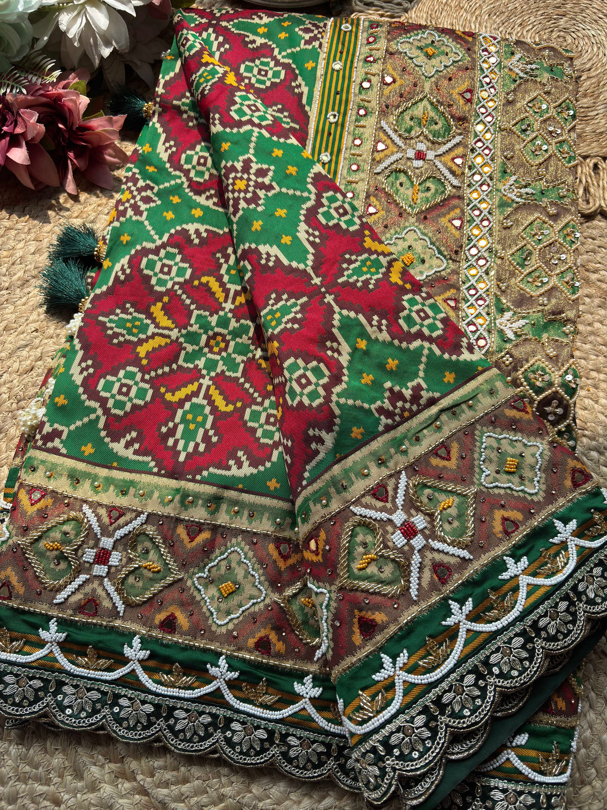 Green Maroon Patola Saree with Embellished Designer Border