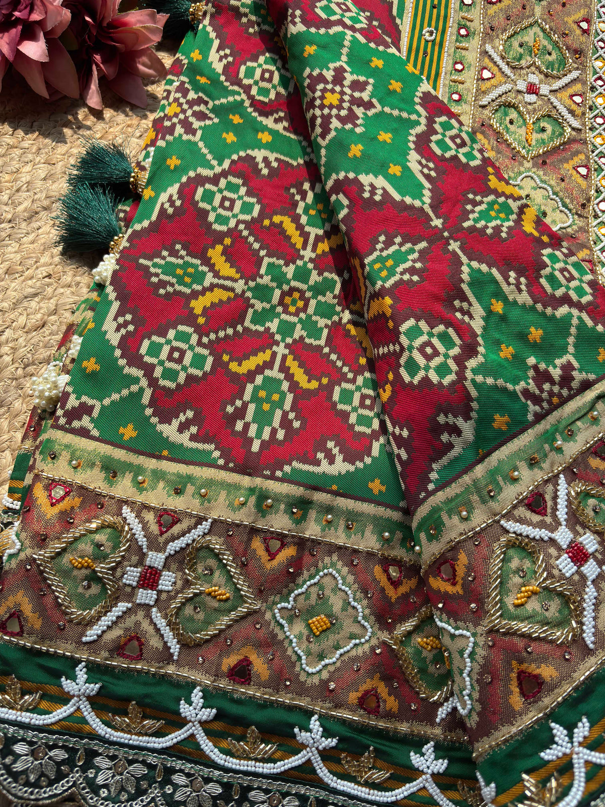 Green Maroon Patola Saree with Embellished Designer Border