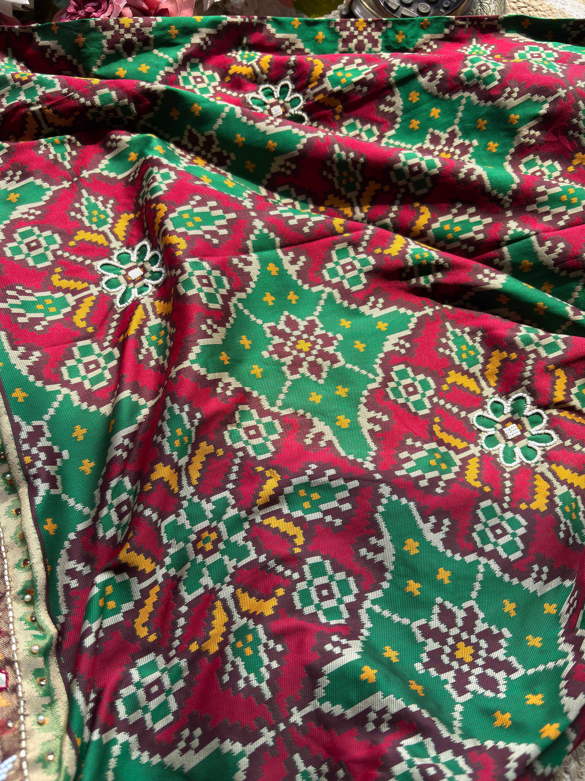 Green Maroon Patola Saree with Embellished Designer Border