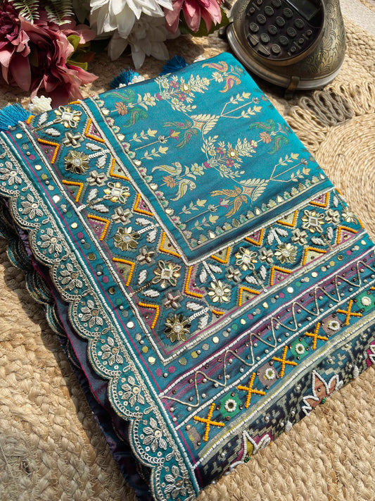Teal Patola Saree with Floral Motifs & Embellished Border