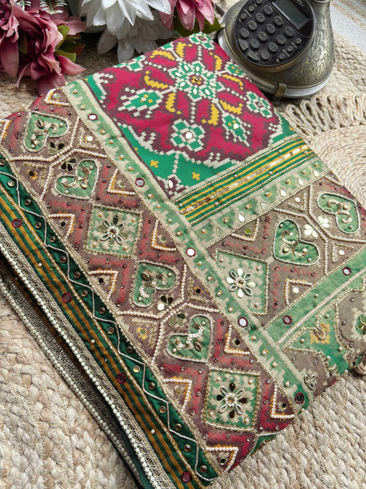 Green Patola Woven Saree with Mirror & Pearl Embellished Border