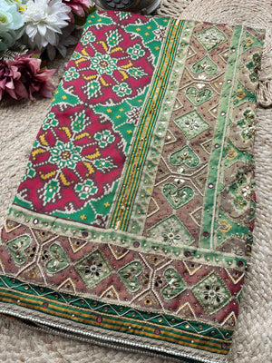 Green Patola Woven Saree with Mirror & Pearl Embellished Border