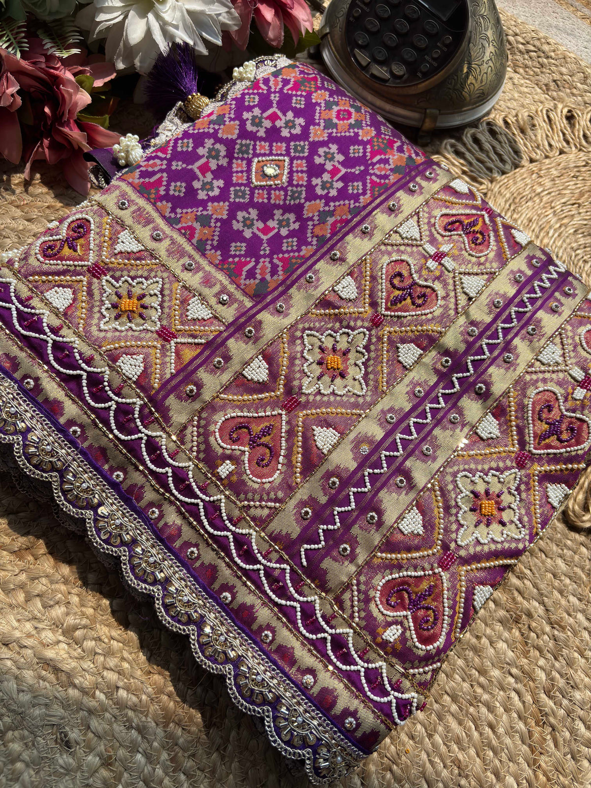 Purple Patola Saree with Pearl Beadwork & Embellished Border