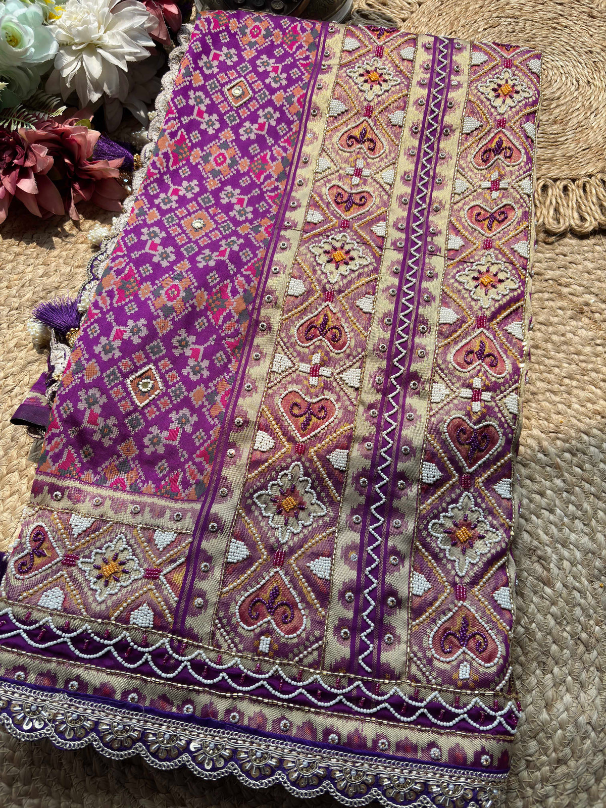 Purple Patola Saree with Pearl Beadwork & Embellished Border