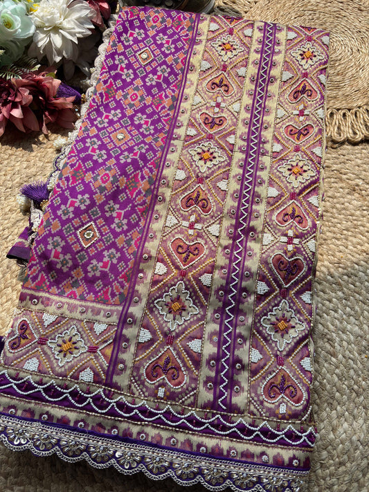 Purple Patola Saree with Pearl Beadwork & Embellished Border