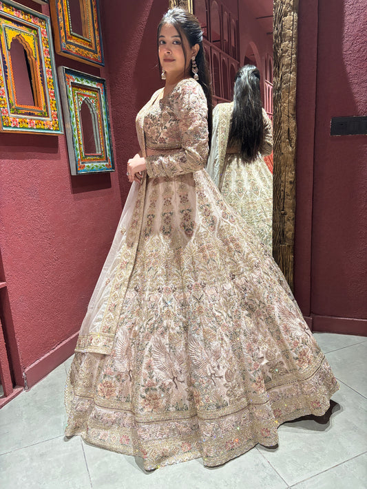 Heavy Embroidered Lehenga with Floral & Peacock Motifs