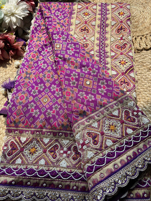 Purple Patola Saree with Pearl Beadwork & Embellished Border