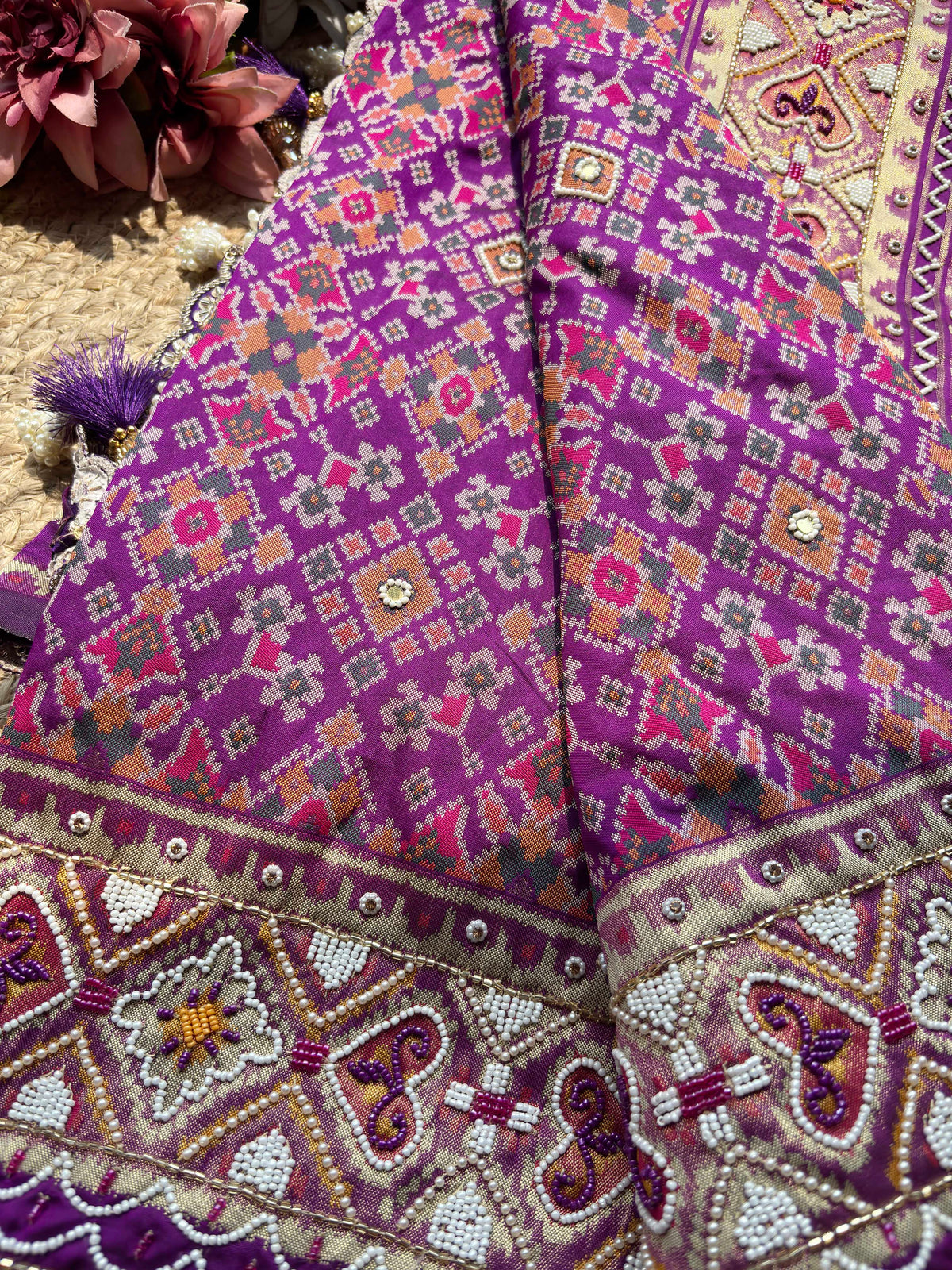 Purple Patola Saree with Pearl Beadwork & Embellished Border