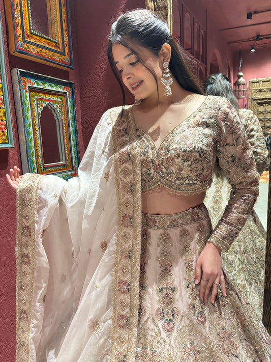 Heavy Embroidered Lehenga with Floral & Peacock Motifs