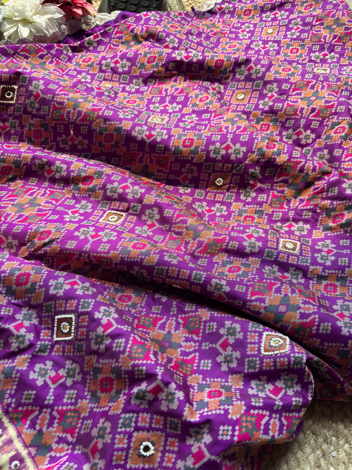 Purple Patola Saree with Pearl Beadwork & Embellished Border
