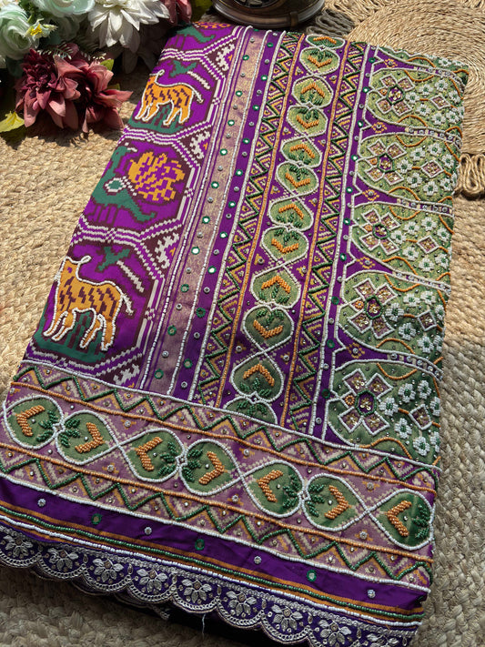 Purple Patola Saree with Tiger Motifs & Beaded Border