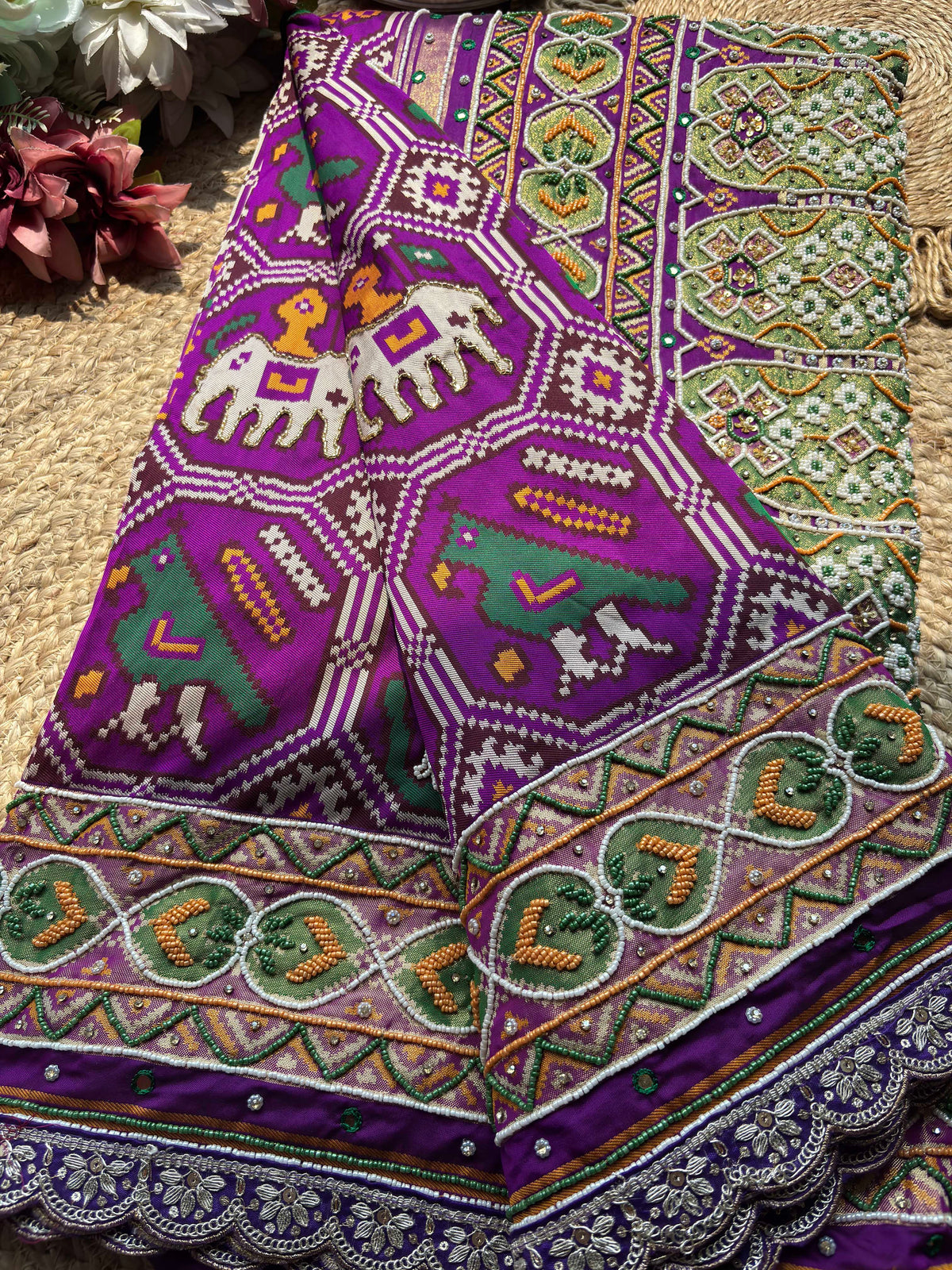 Red Patola Embellished Saree with Beadwork & Bird Motif Border