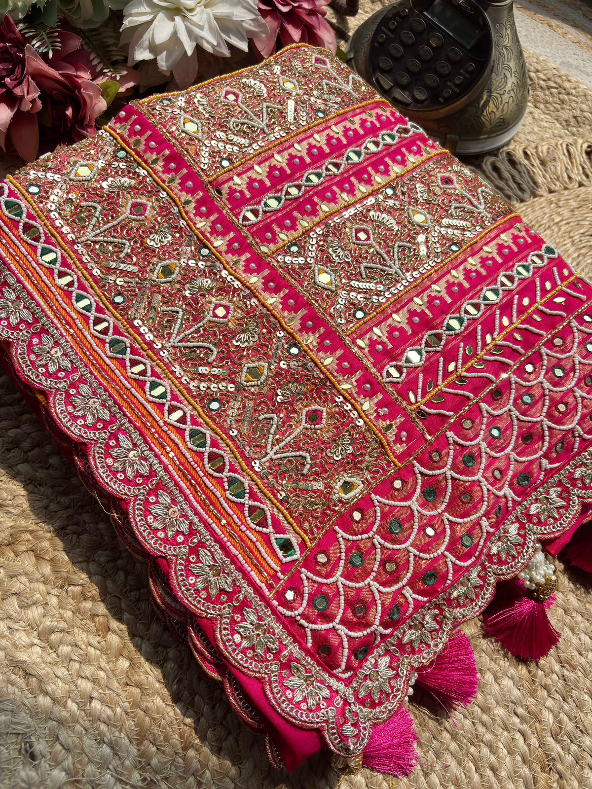 Rani Pink Patola Mirror Work Saree with Heavy Embellished Border