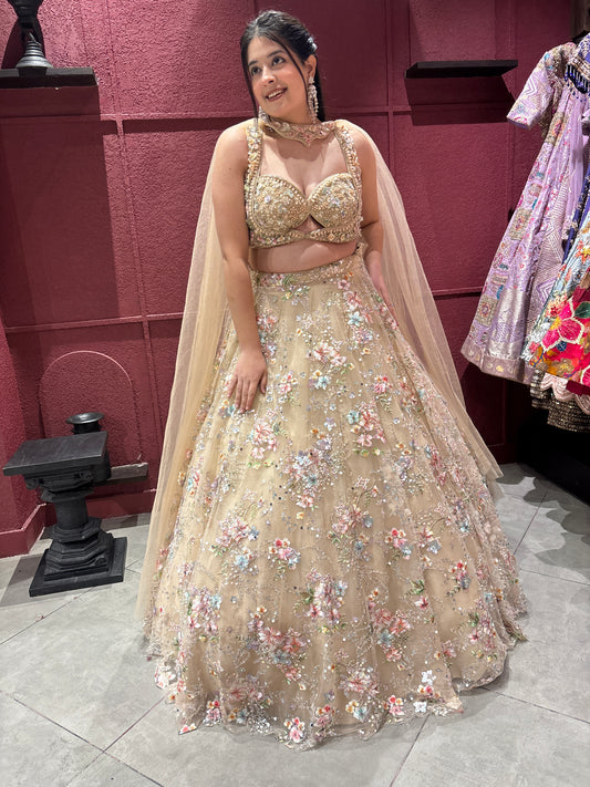 Gold Floral Embroidered Party Wear Lehenga with Dupatta