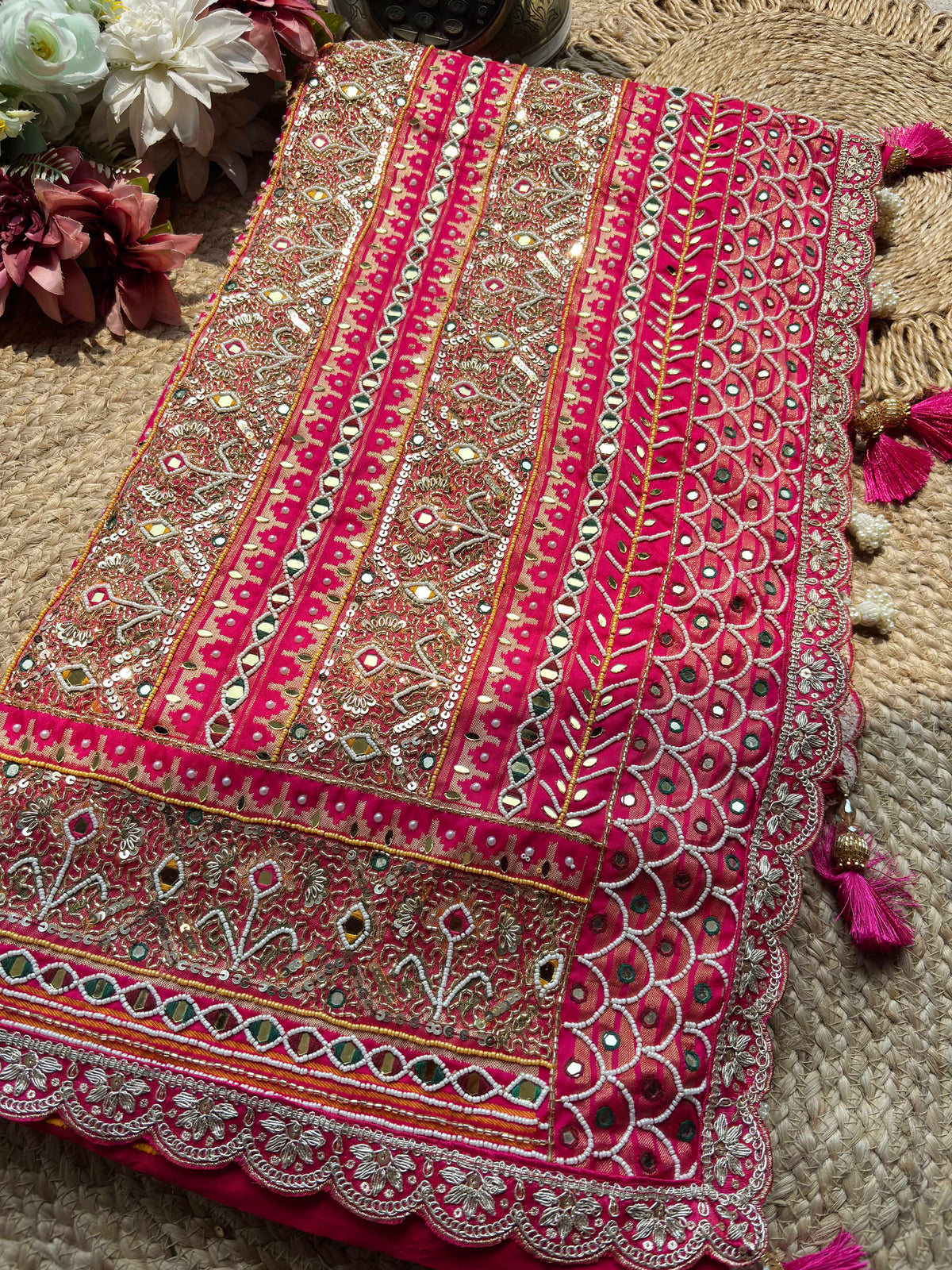 Rani Pink Patola Mirror Work Saree with Heavy Embellished Border