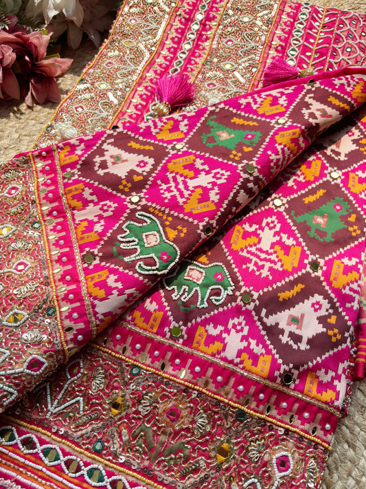 Rani Pink Patola Mirror Work Saree with Heavy Embellished Border