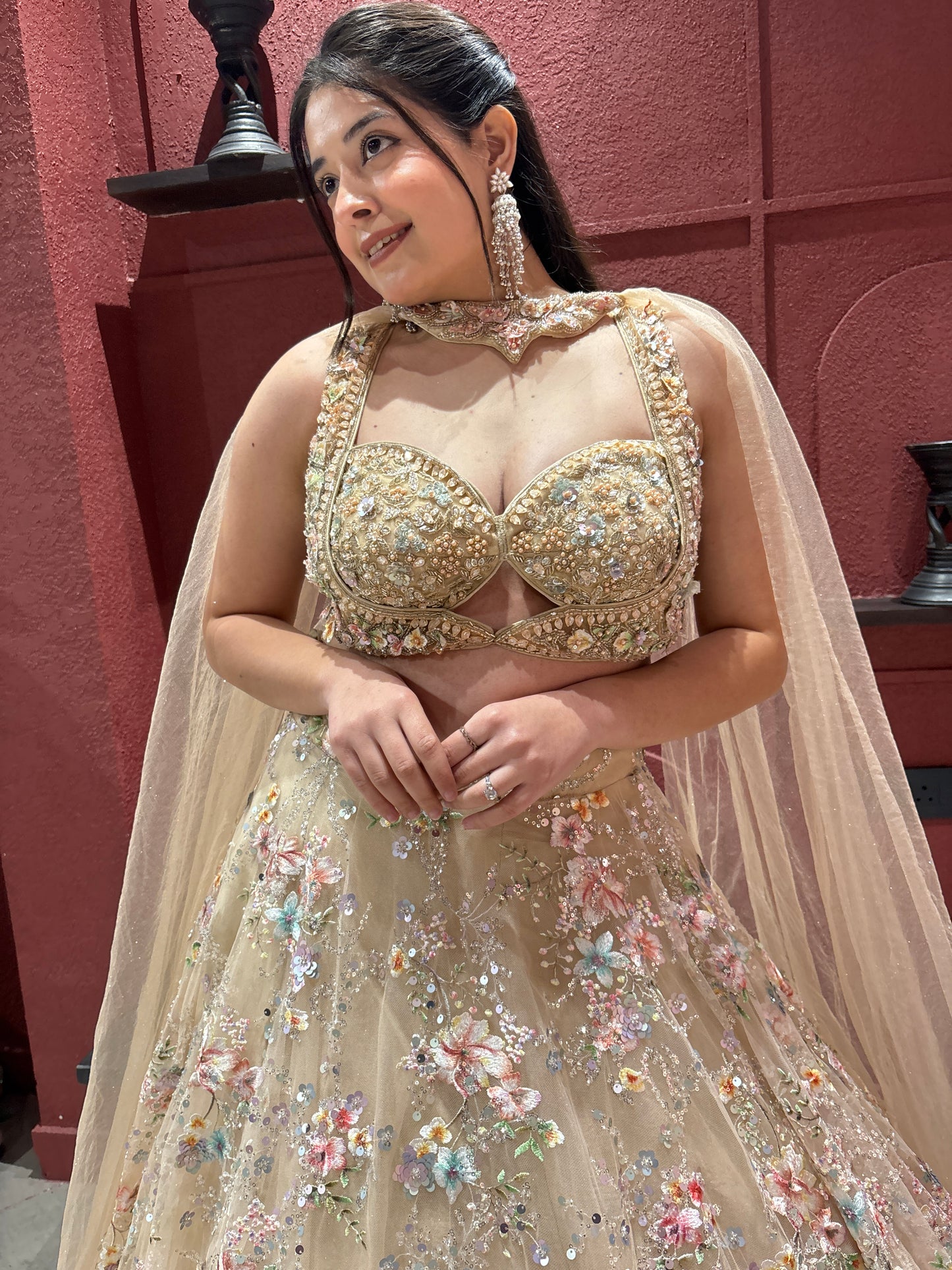 Gold Floral Embroidered Party Wear Lehenga with Dupatta