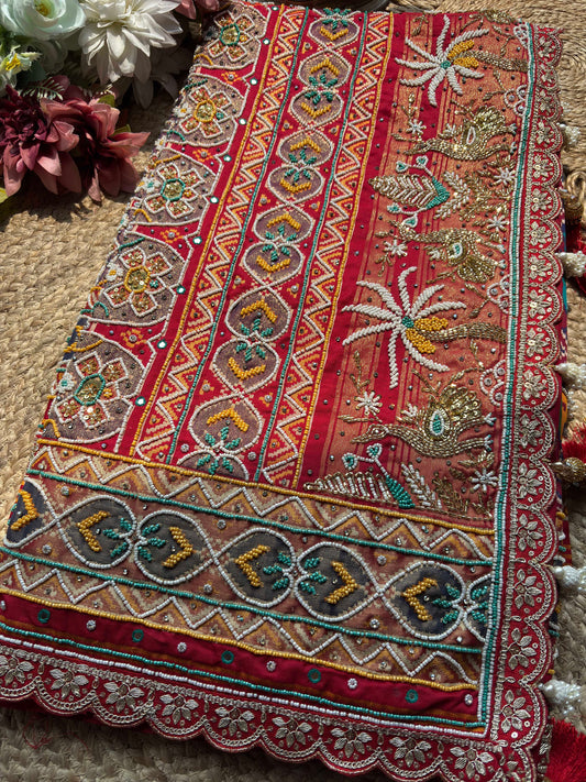 Red Patola Embellished Saree with Beadwork & Bird Motif Border