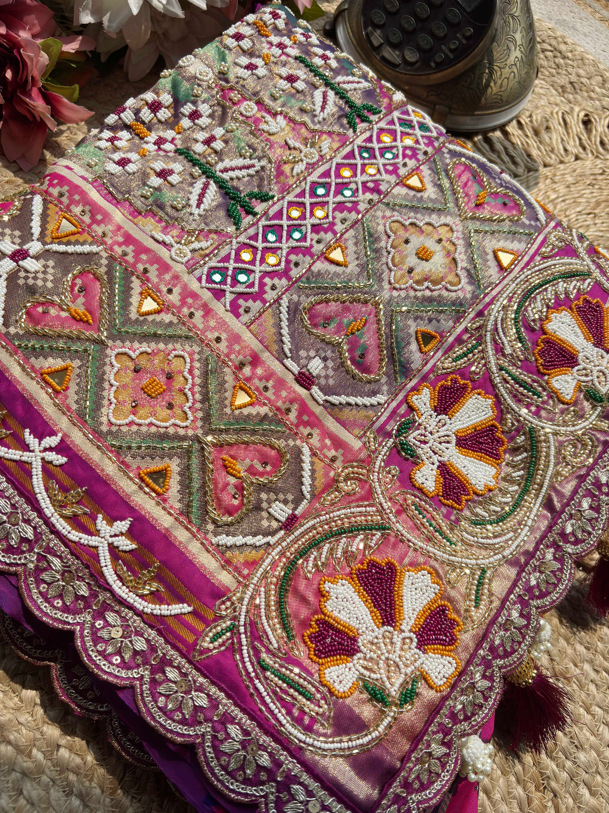 Purple Patola Saree with Floral Beadwork & Mirror Border