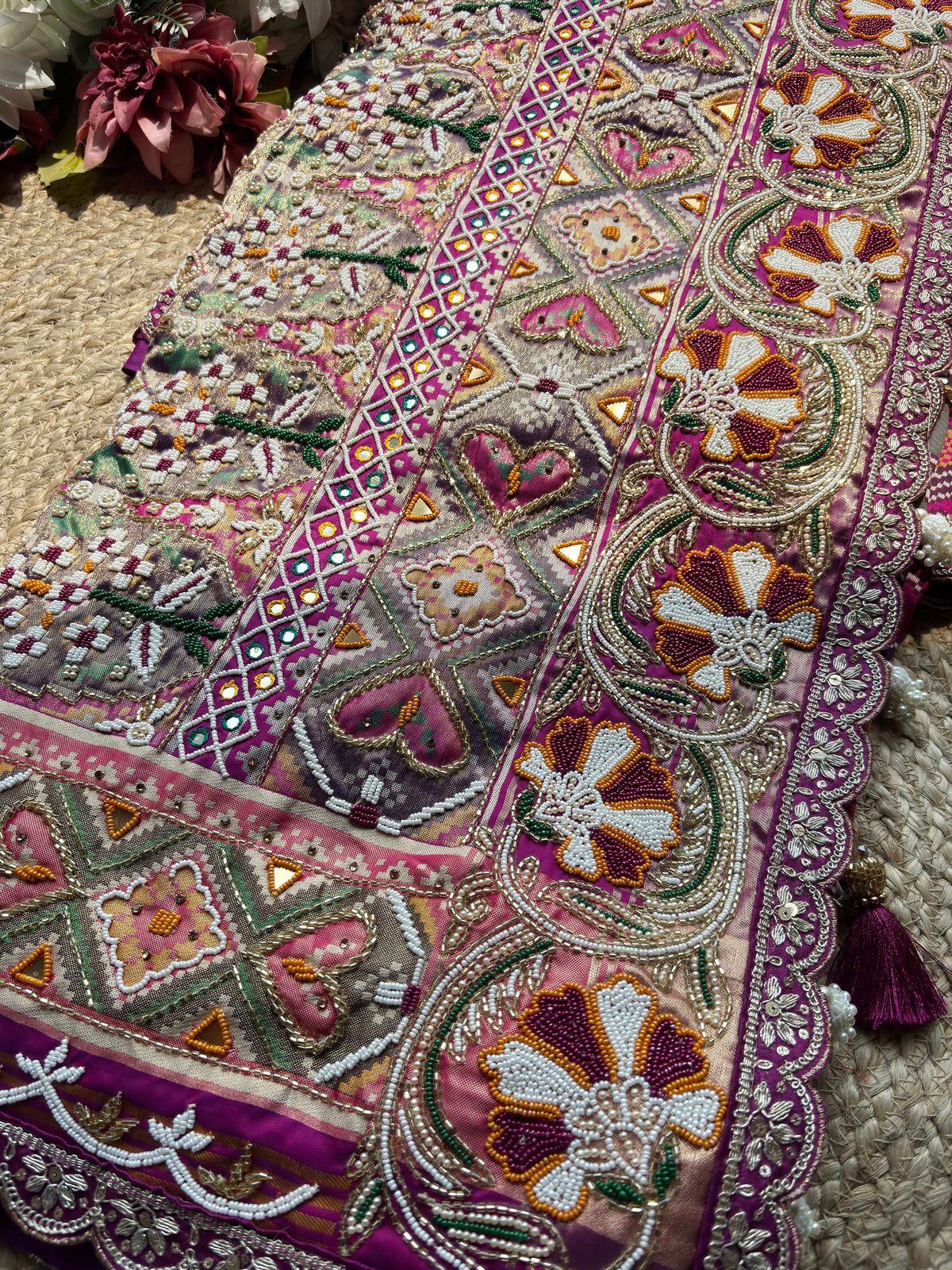 Purple Patola Saree with Floral Beadwork & Mirror Border