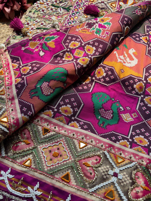 Purple Patola Saree with Floral Beadwork & Mirror Border