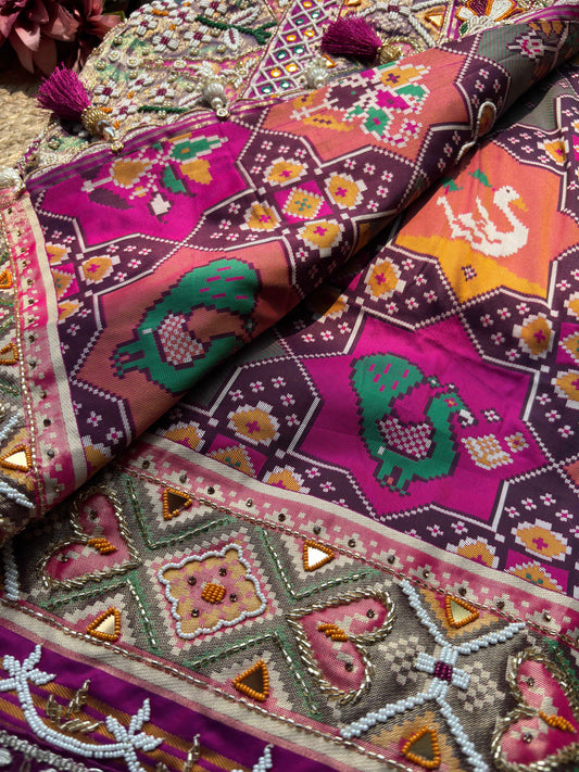 Purple Patola Saree with Floral Beadwork & Mirror Border