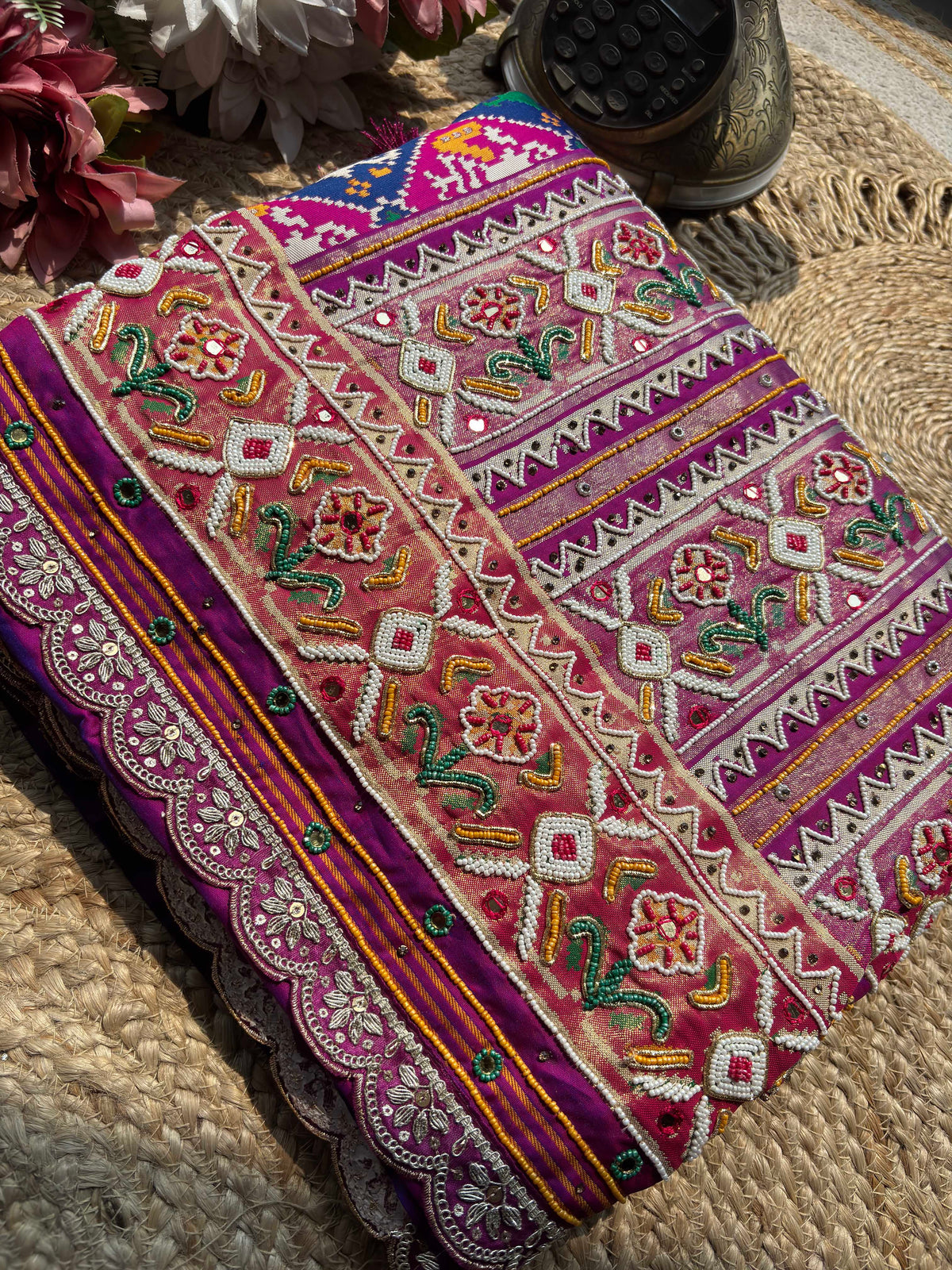 Patola Saree with Elephant Motifs & Beaded Floral Border
