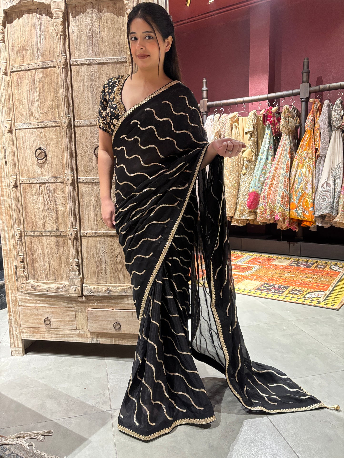 Black Saree with Gold Wave Embroidery & Designer Blouse