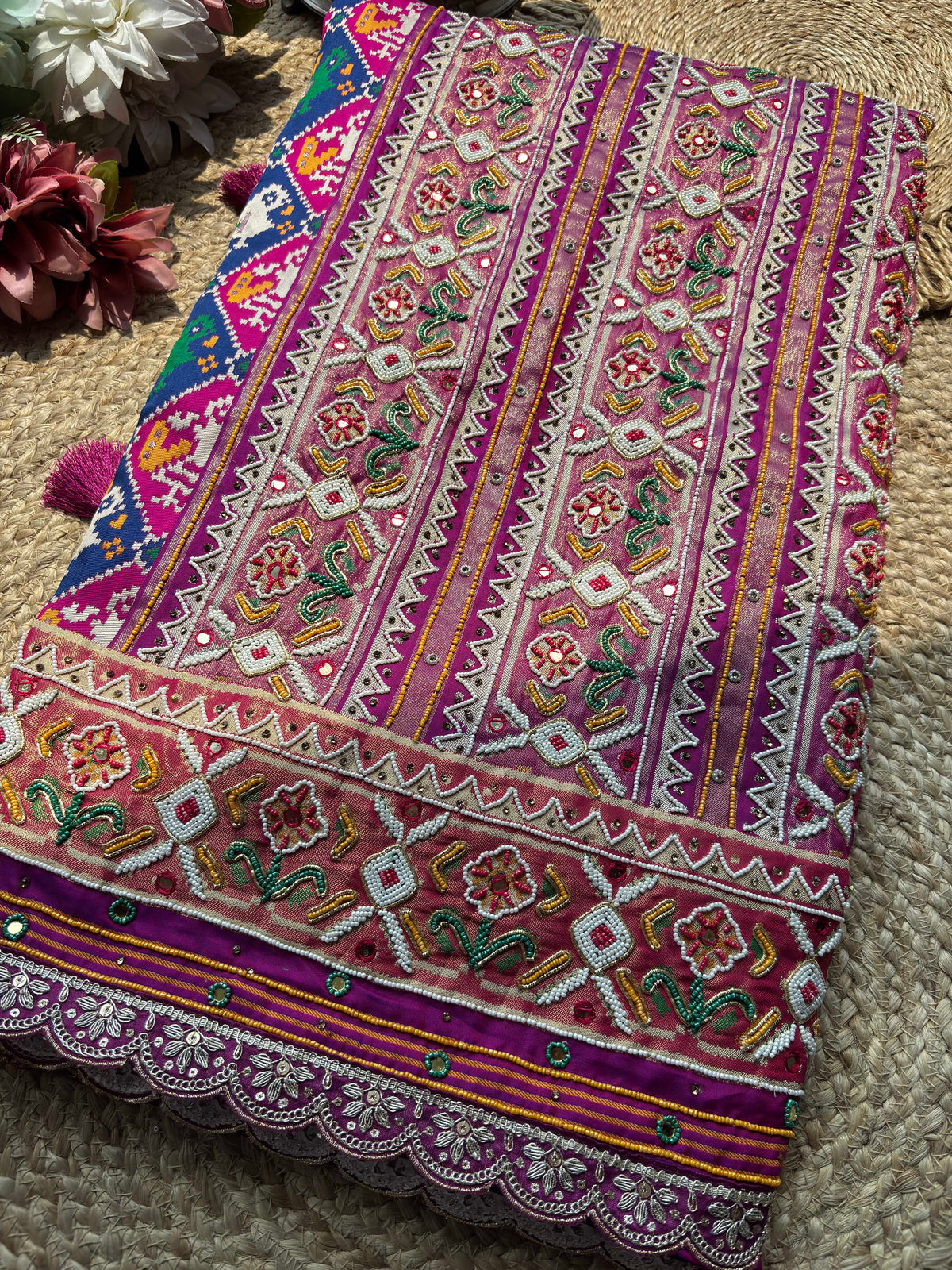 Patola Saree with Elephant Motifs & Beaded Floral Border