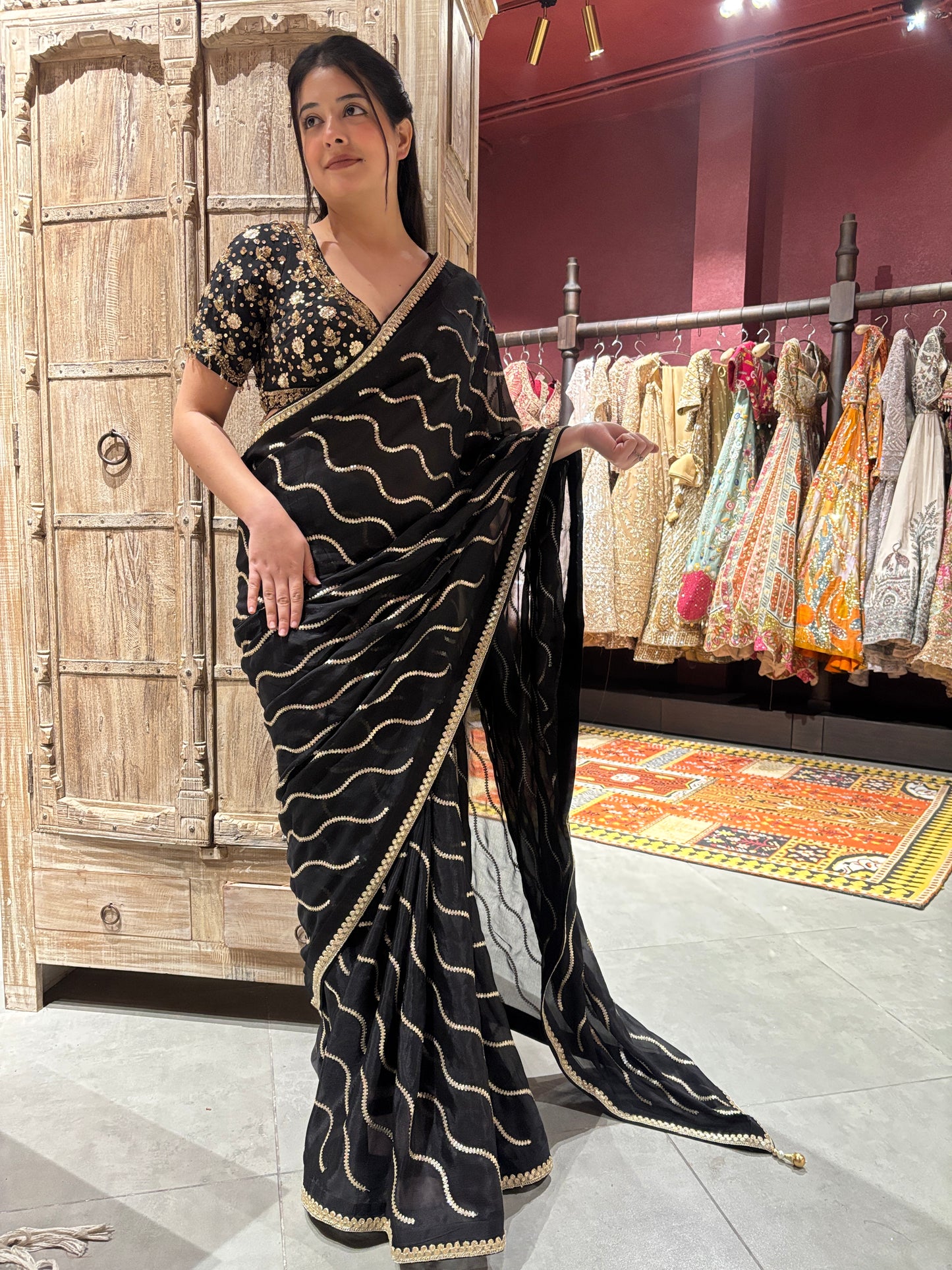 Black Saree with Gold Wave Embroidery & Designer Blouse