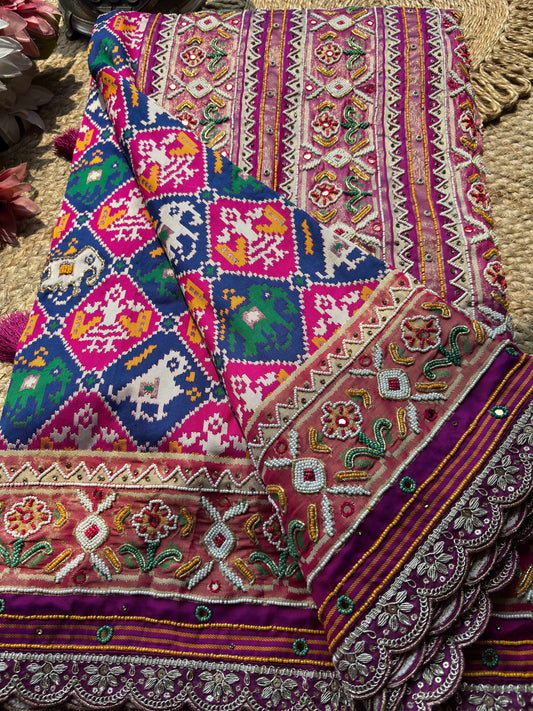 Patola Saree with Elephant Motifs & Beaded Floral Border