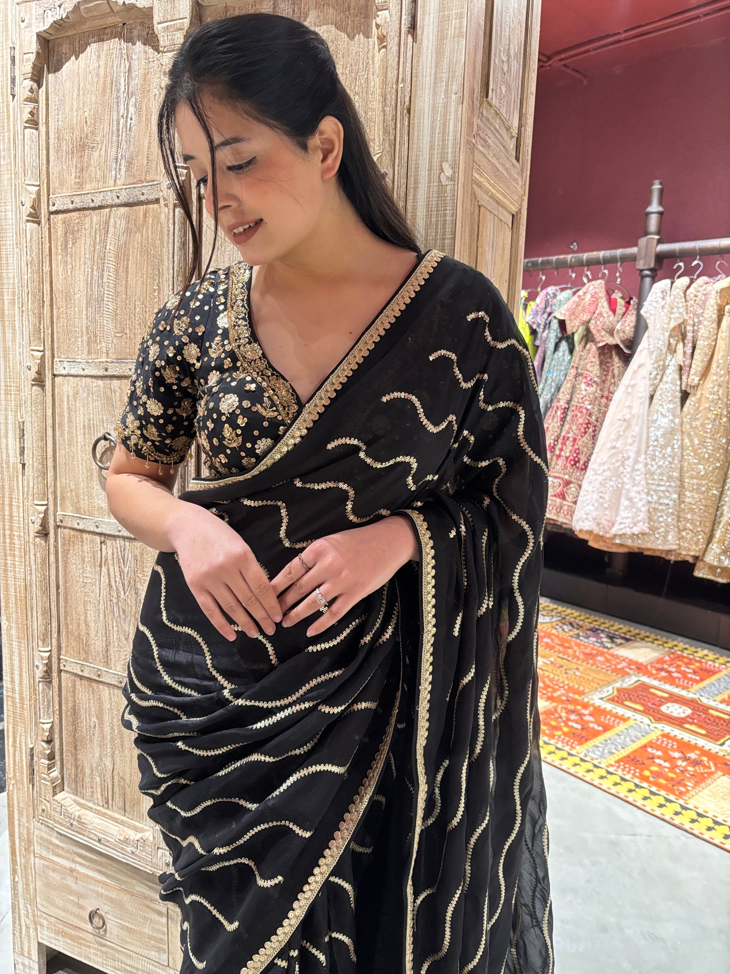 Black Saree with Gold Wave Embroidery & Designer Blouse