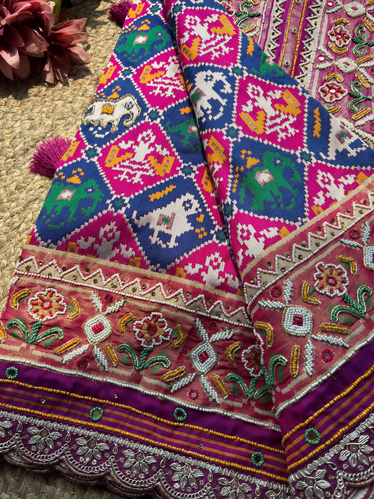 Patola Saree with Elephant Motifs & Beaded Floral Border