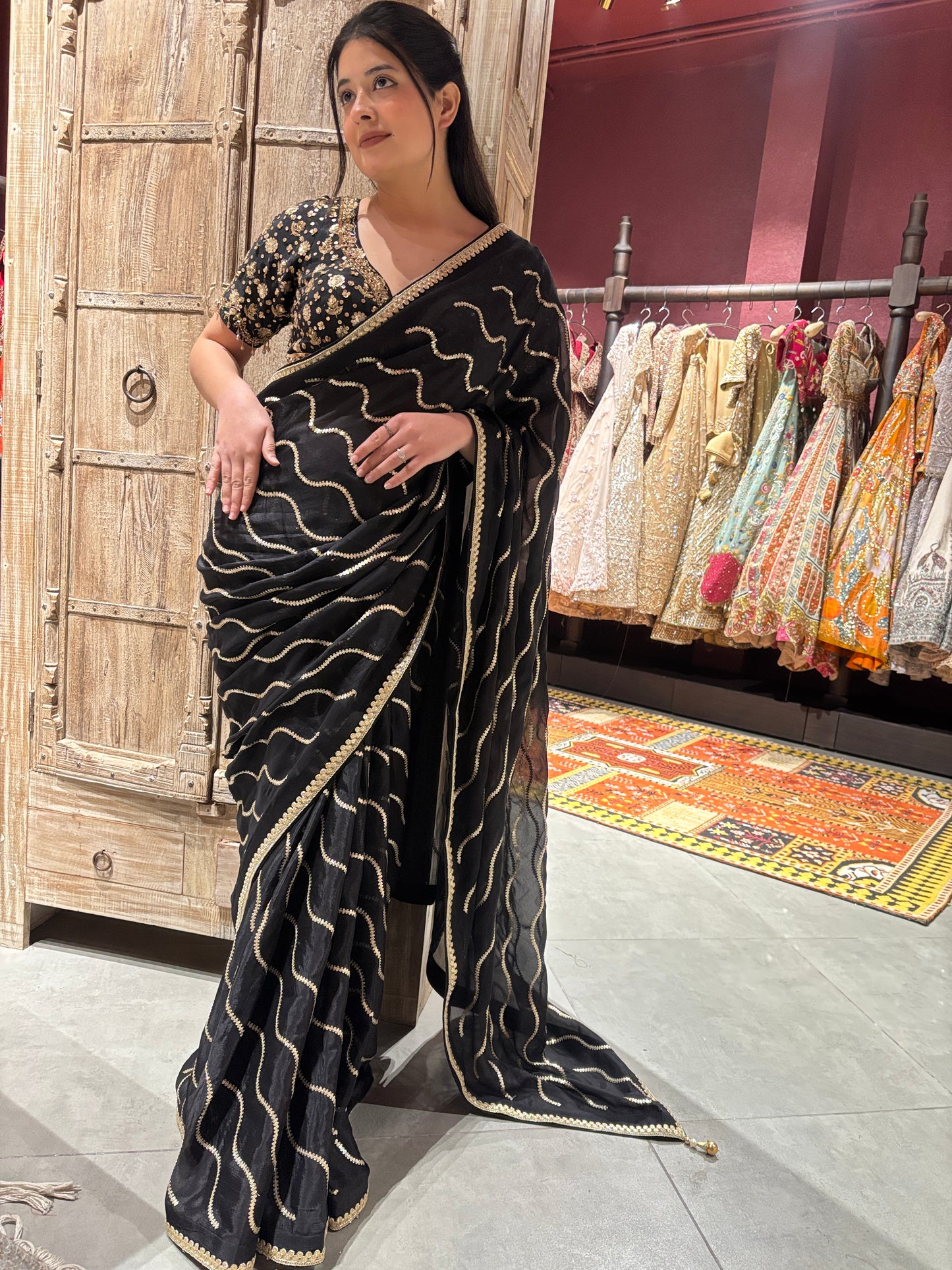 Black Saree with Gold Wave Embroidery & Designer Blouse