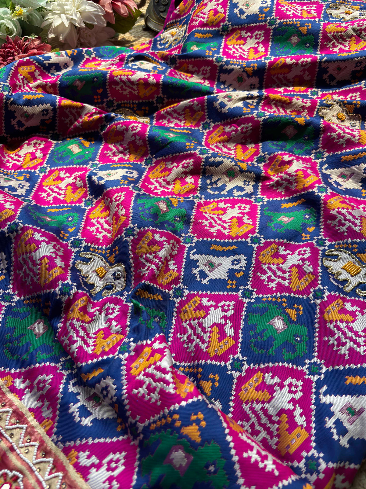 Patola Saree with Elephant Motifs & Beaded Floral Border