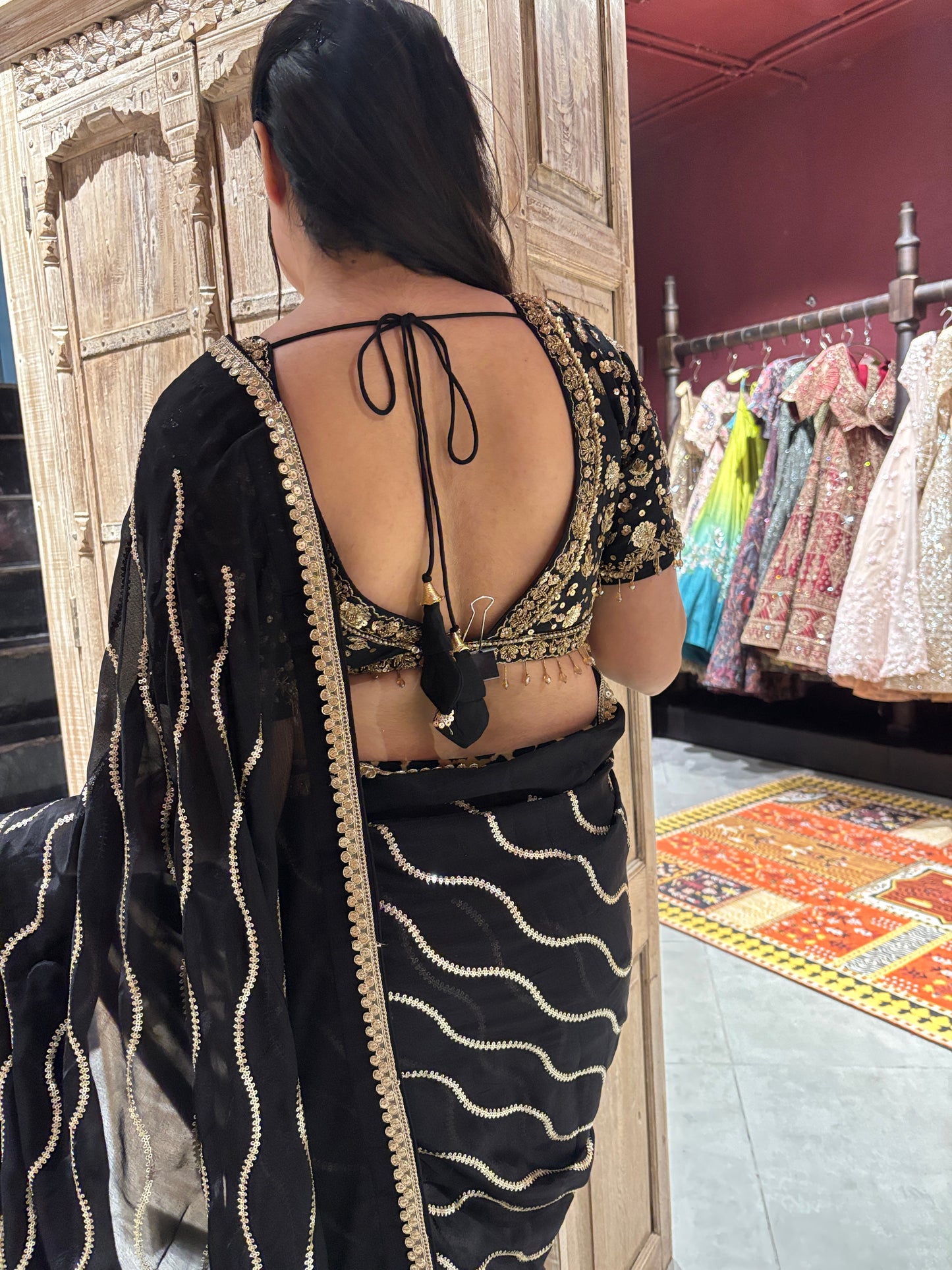 Black Saree with Gold Wave Embroidery & Designer Blouse